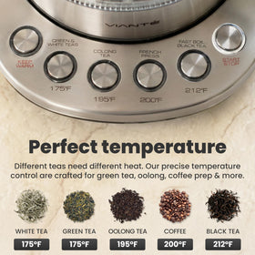 Vianté kettle temperature control presets for white, green, oolong, and black tea.