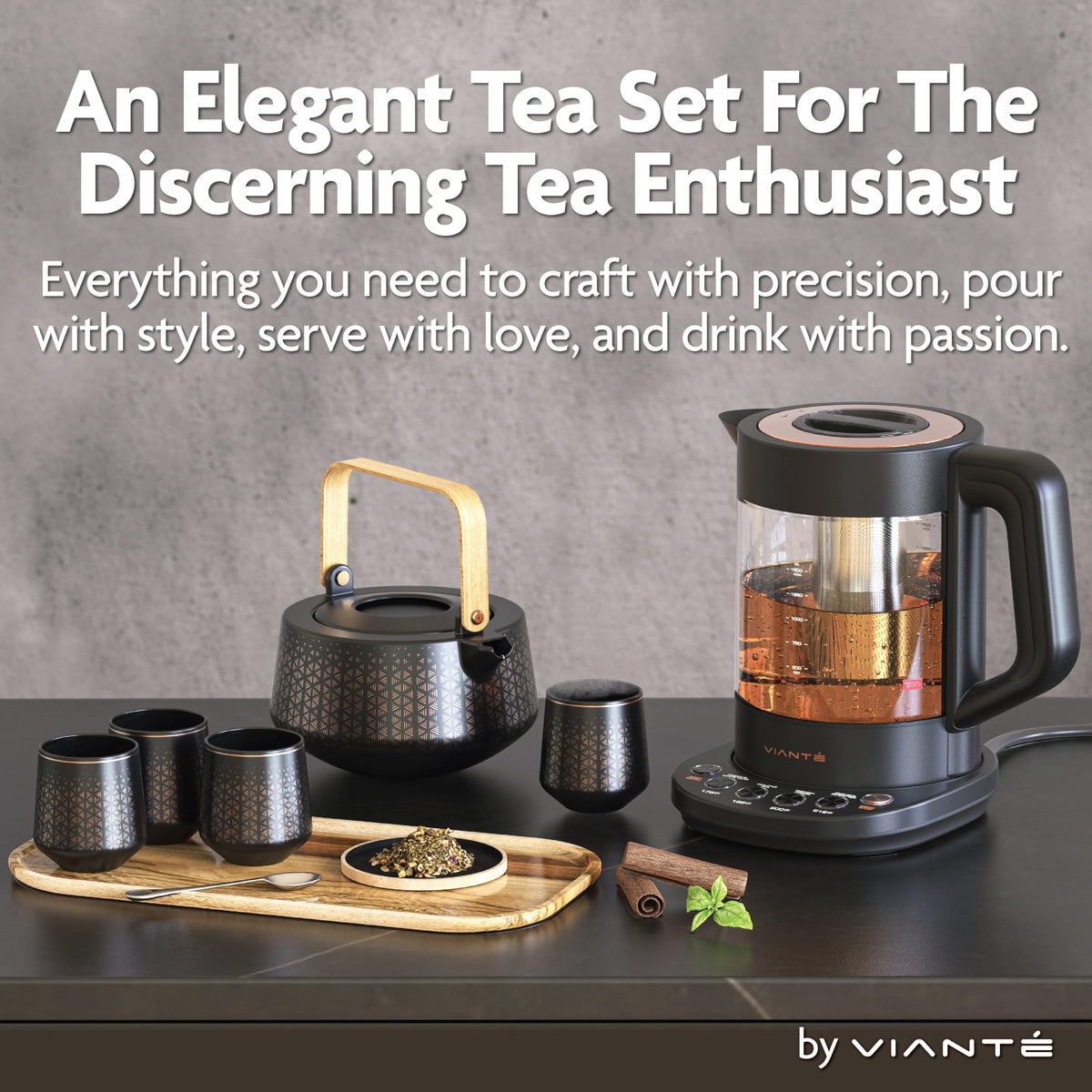 Vianté luxury tea set infuser-friendly kettle ready for loose-leaf tea brewing.