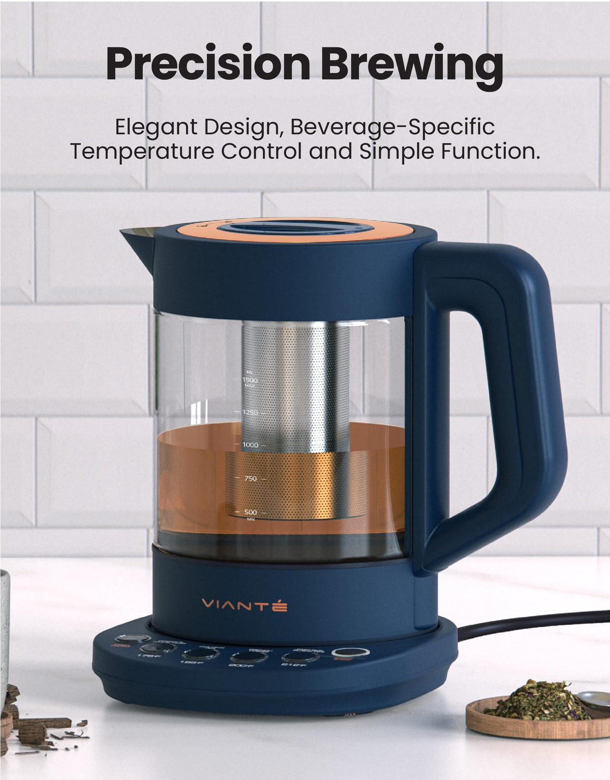 Vianté midnight blue glass kettle shows glass body with pure water contact.