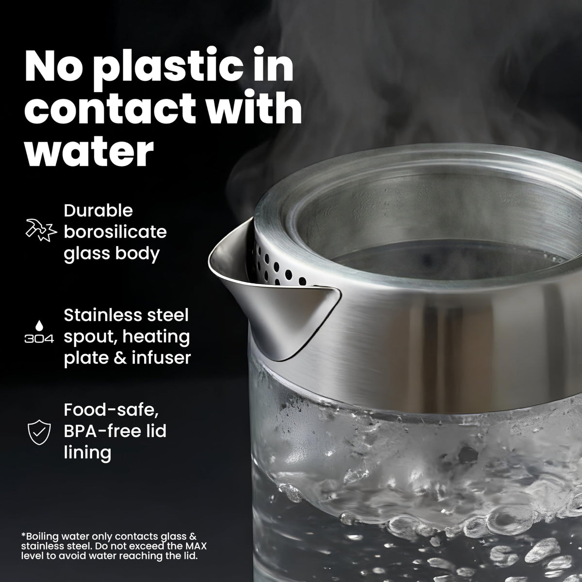 Vianté 1.5L borosilicate glass kettle shown for clean, bright brews.
