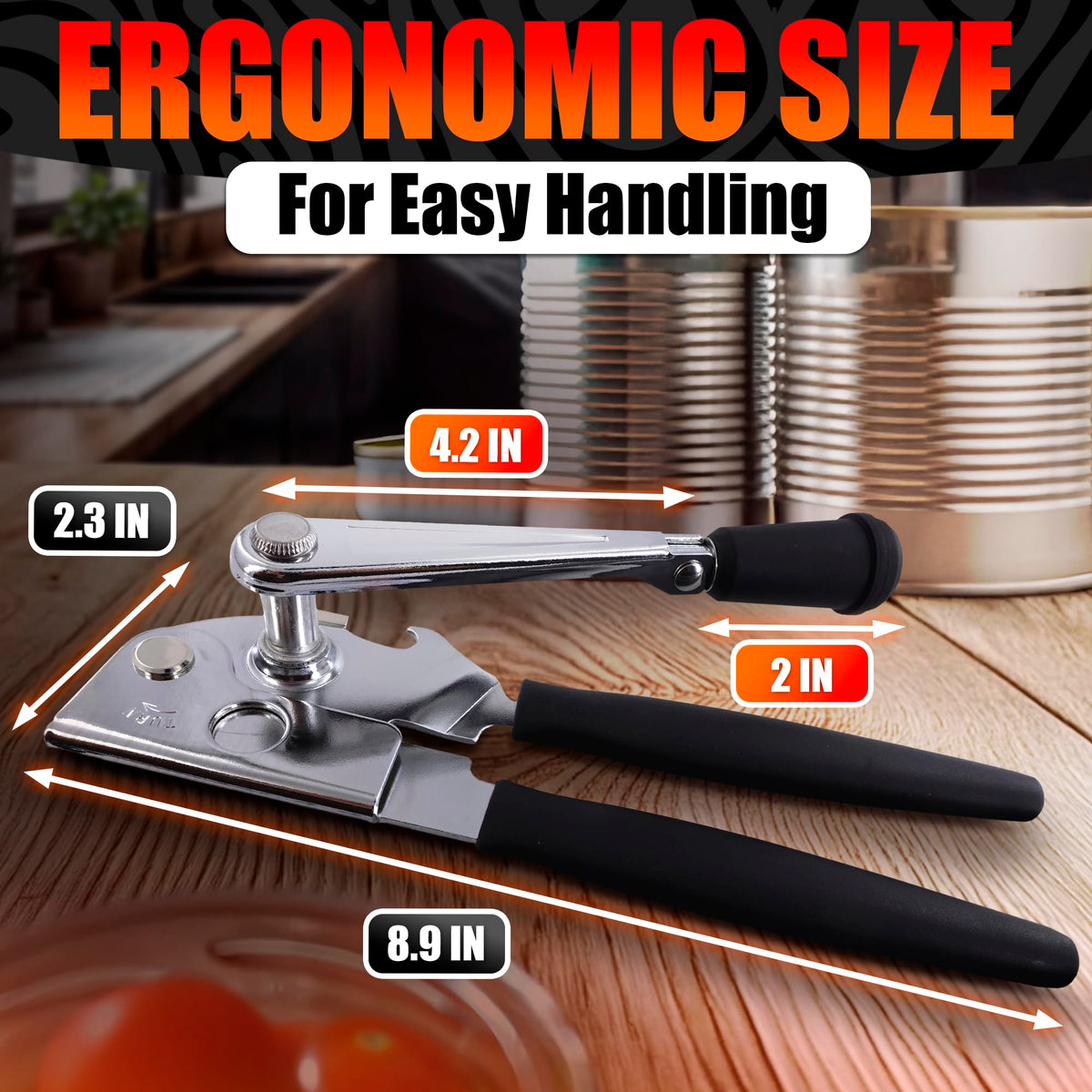 Vibrant Kitchen heavy-duty can opener side handle reduces effort during daily prep.