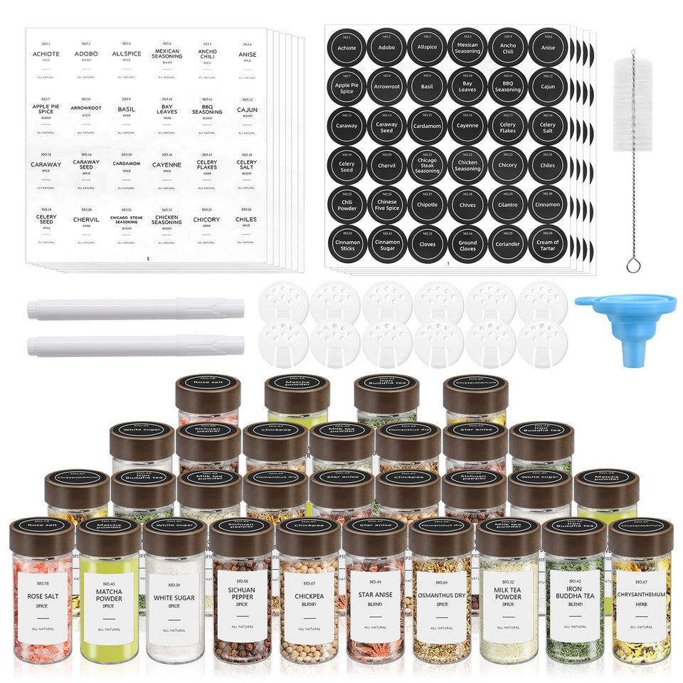 VIBRATITE 30-pack spice jars with acacia lids on display for organized pantry and easy access
