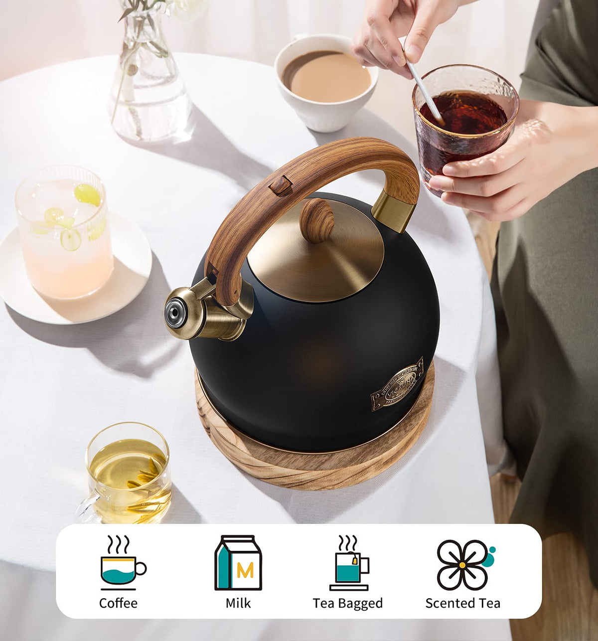 VICALINA polished black finish tea kettle for a modern kitchen