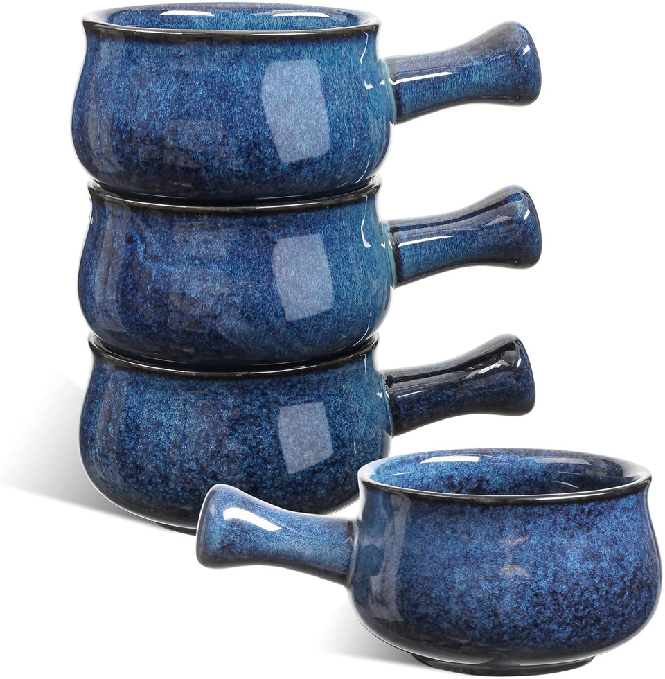 Vicrays blue onion soup bowl with handle for safe serving.