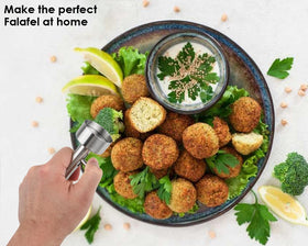 Victhur falafel scoop helps create consistent shapes for salads and sandwiches.