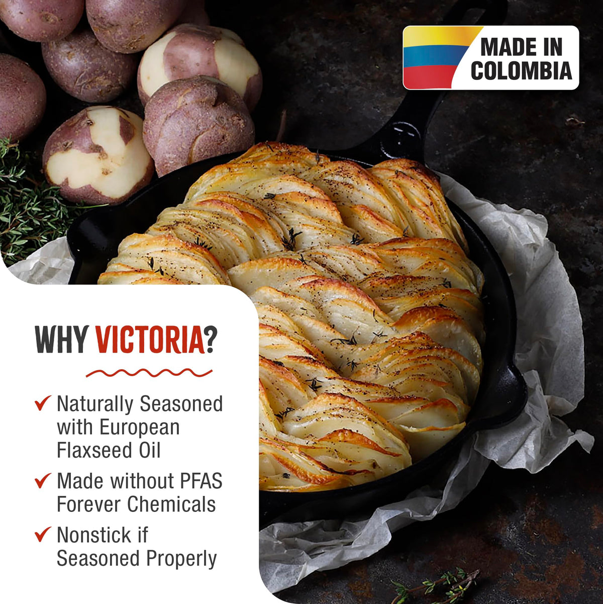 Victoria preseasoned surface for smoother release and easier seasoning over time