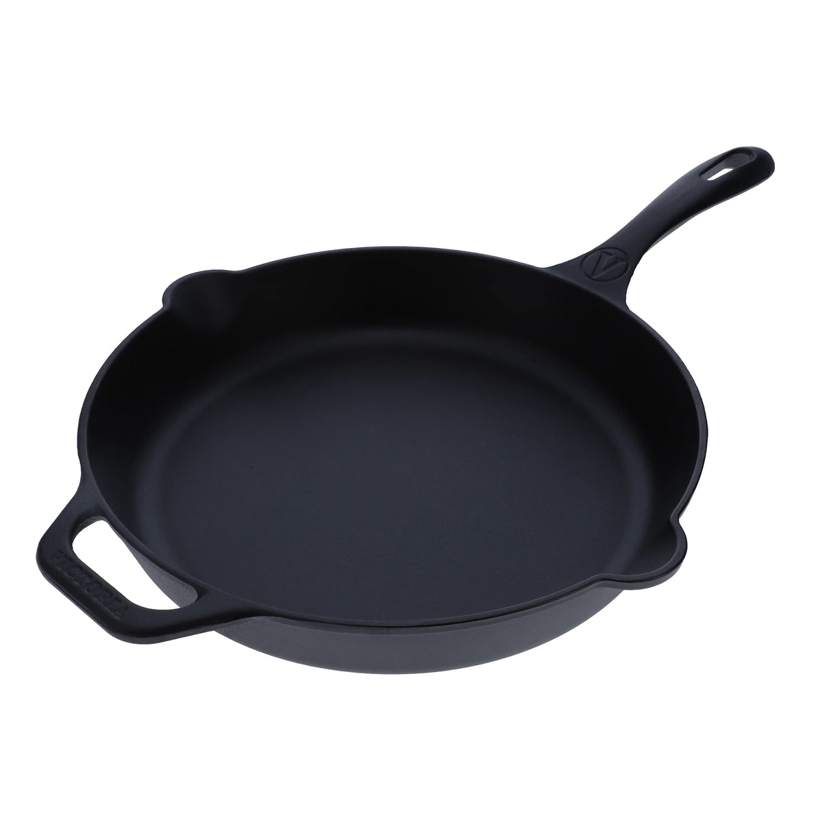 Victoria 12-inch cast iron skillet with long handle for easy grip and even heating.
