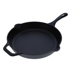 Victoria 12-inch cast iron skillet with long handle for easy grip and even heating.