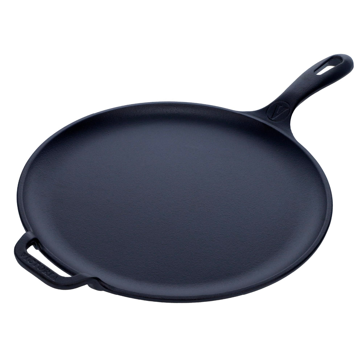 Victoria 12inch cast-iron comal with a long handle for easy stove-to-table transfers.