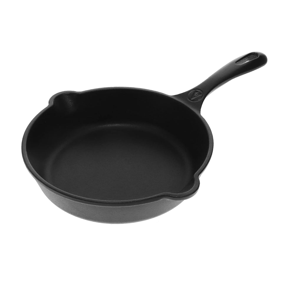 Victoria 8-Inch Skillet top view shows the seasoned surface for easy browning and release
