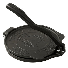 Victoria 8-Inch cast-iron tortilla press with smooth surface for even tortillas.