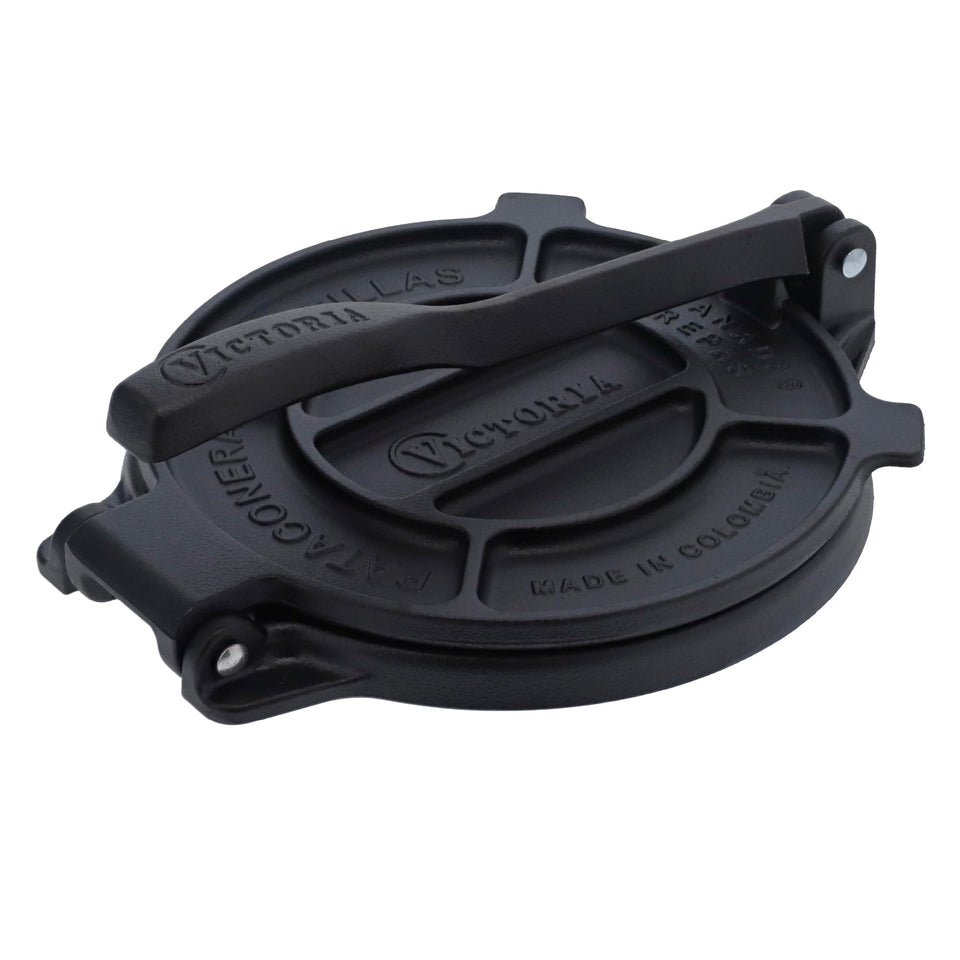 Victoria 8-inch cast iron tortilla press, closed view, durable heat retention for tortillas.