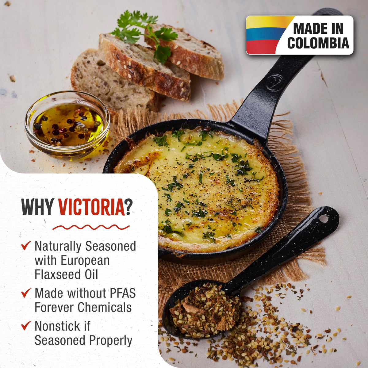 Victoria cast-iron skillet long handle offers steady grip during searing.