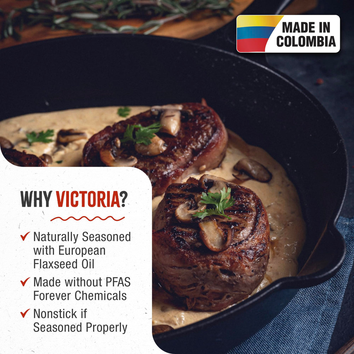 Victoria cast iron skillet textured preseasoned surface promotes natural nonstick release.
