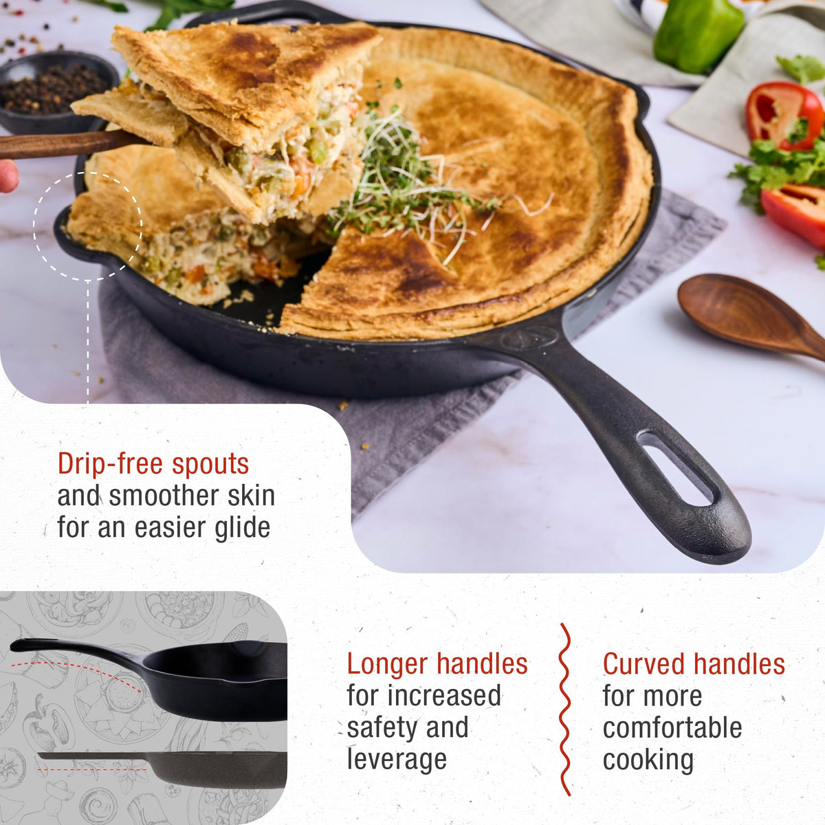 Victoria cast iron skillet thick edge enhances heat retention for searing.