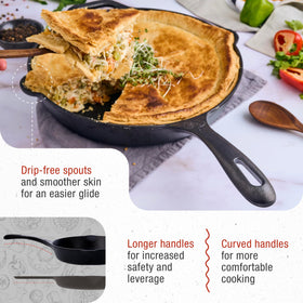 Victoria cast iron skillet thick edge enhances heat retention for searing.