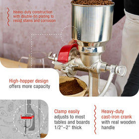 Victoria grain mill clamped to table for stable milling setup