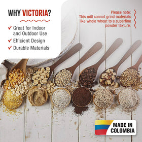 Victoria grain mill featuring a sturdy wooden hand crank for smooth operation