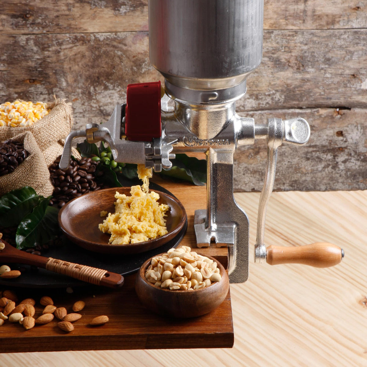 Victoria grain mill with durable crank and wooden handle for steady grinding