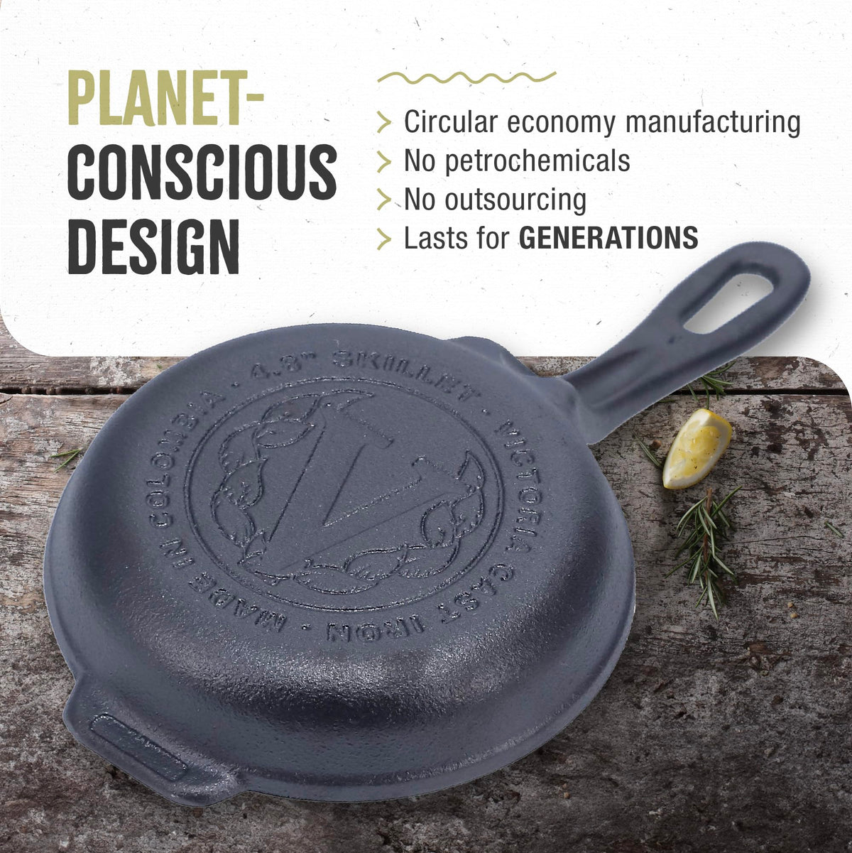 Victoria skillet shows drip-spouts on the side for precise pouring.