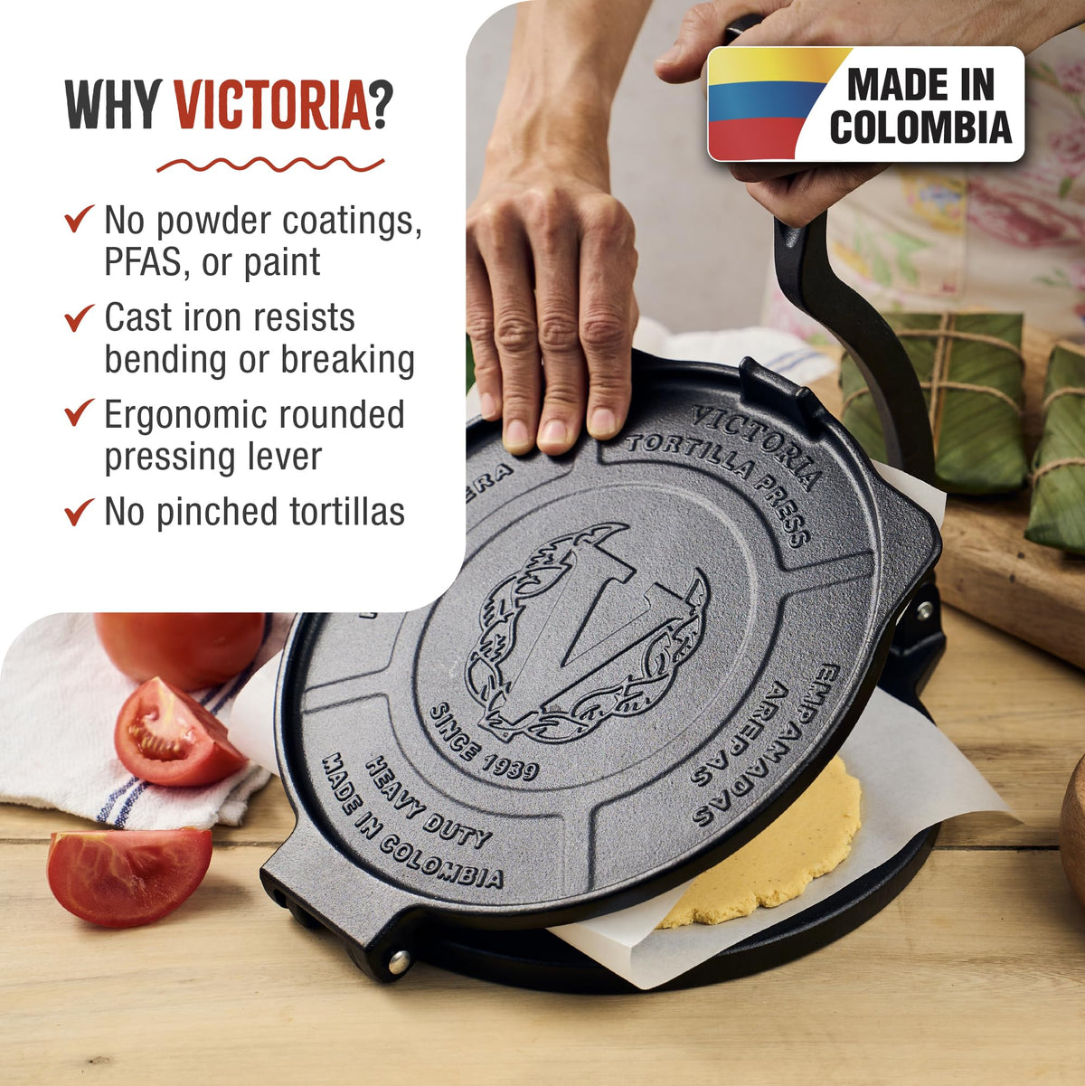 Victoria 10-inch tortilla press closed for quick homemade tortillas.