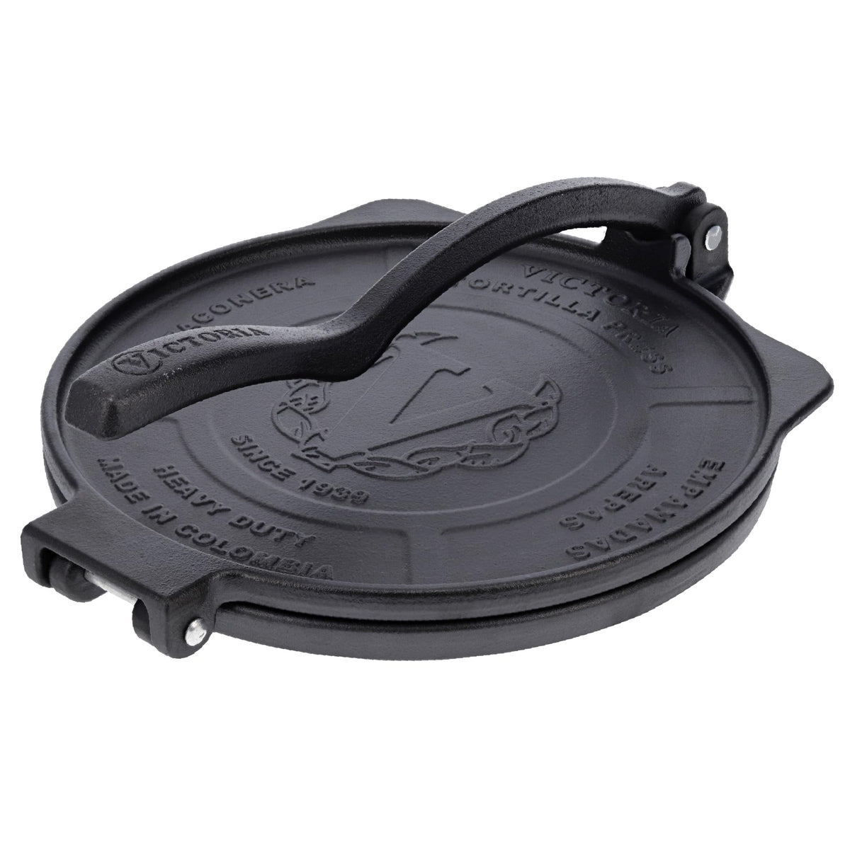 Victoria 10-inch tortilla press open for even, fresh tortillas.