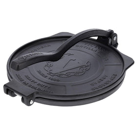 Victoria 10-inch tortilla press open for even, fresh tortillas.