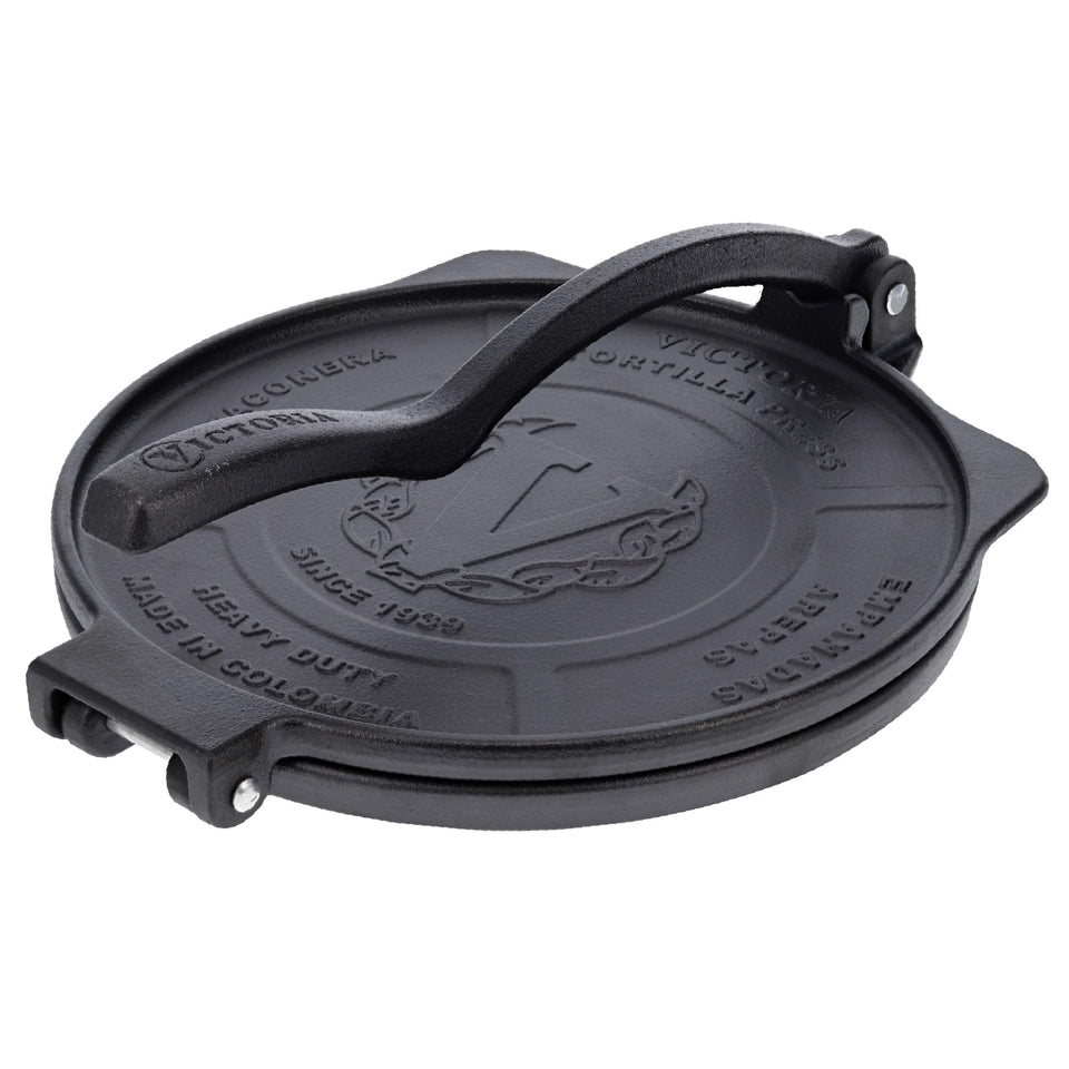Victoria 10-inch tortilla press open for even, fresh tortillas.