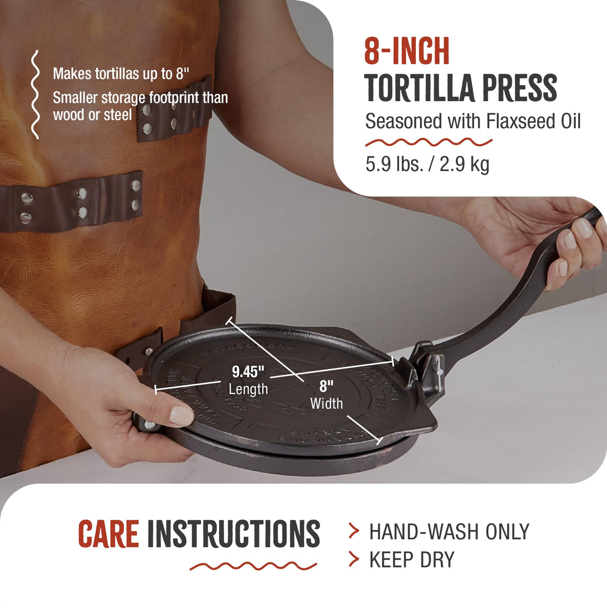 Victoria press includes extra screw for consistent tortilla thickness.