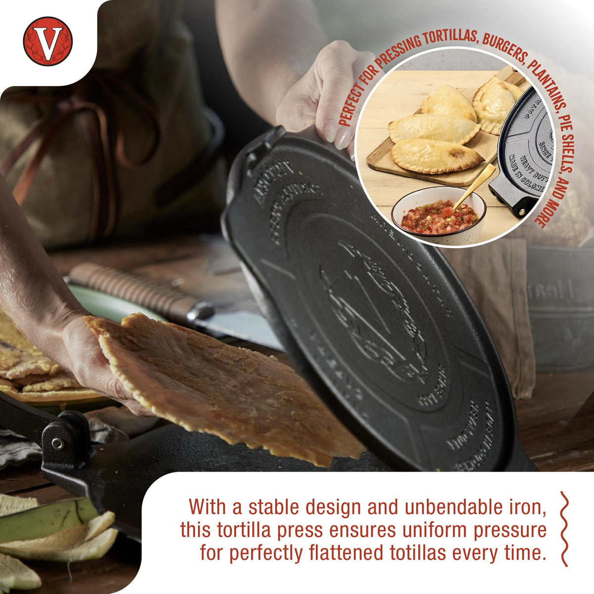 Victoria tortilla press handle close-up showing reinforced design.