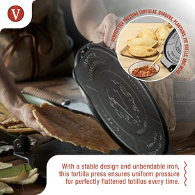 Victoria tortilla press handle close-up showing reinforced design.