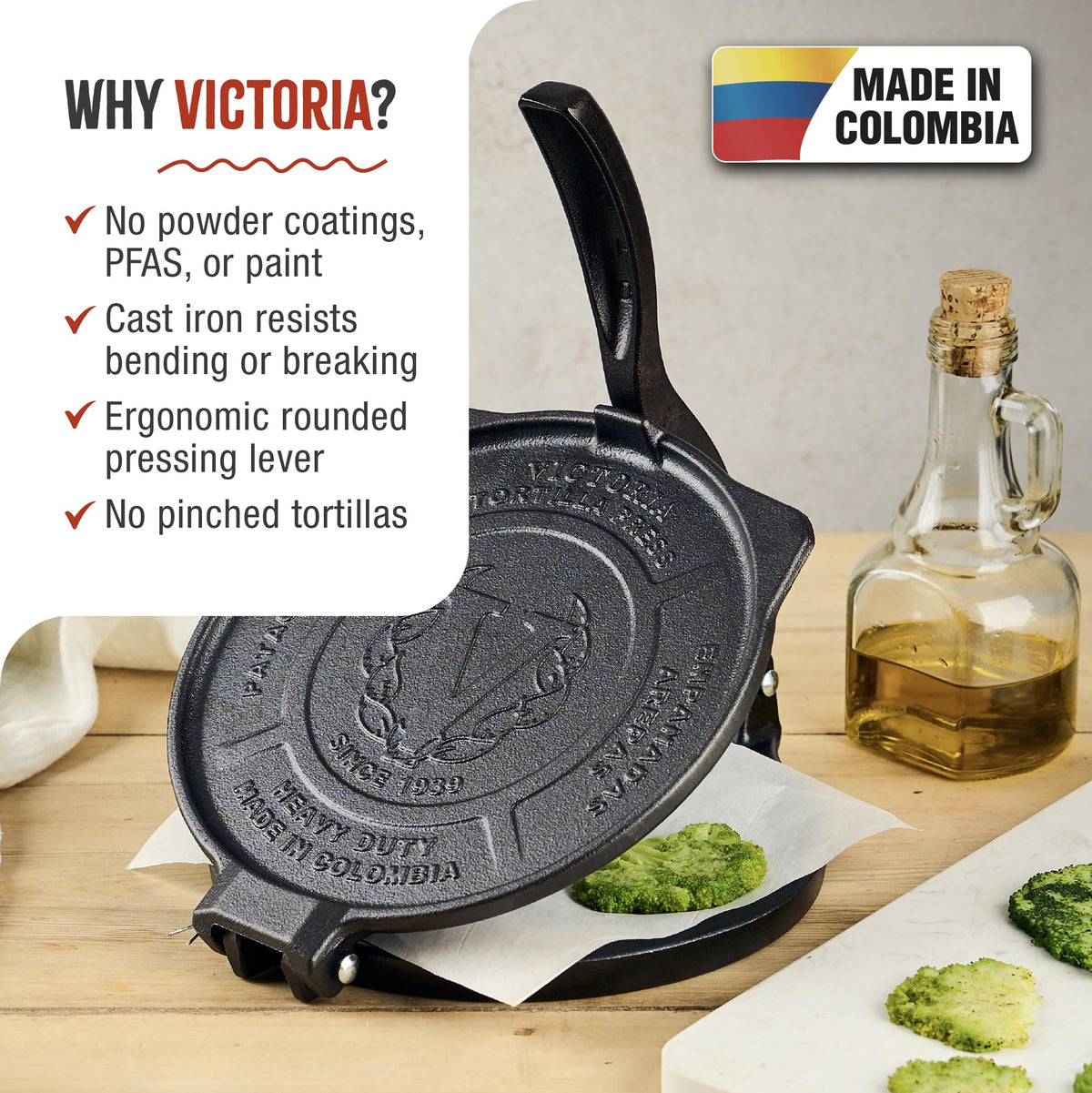Victoria tortilla press seasoned surface aids non-stick, flavorful homemade tortillas.