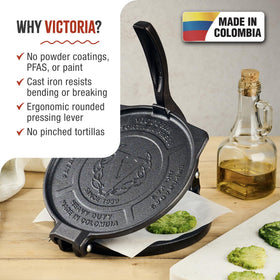Victoria tortilla press seasoned surface aids non-stick, flavorful homemade tortillas.