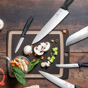 Victorinox Chef Knife ergonomic handle close-up emphasizes comfortable grip during extended prep