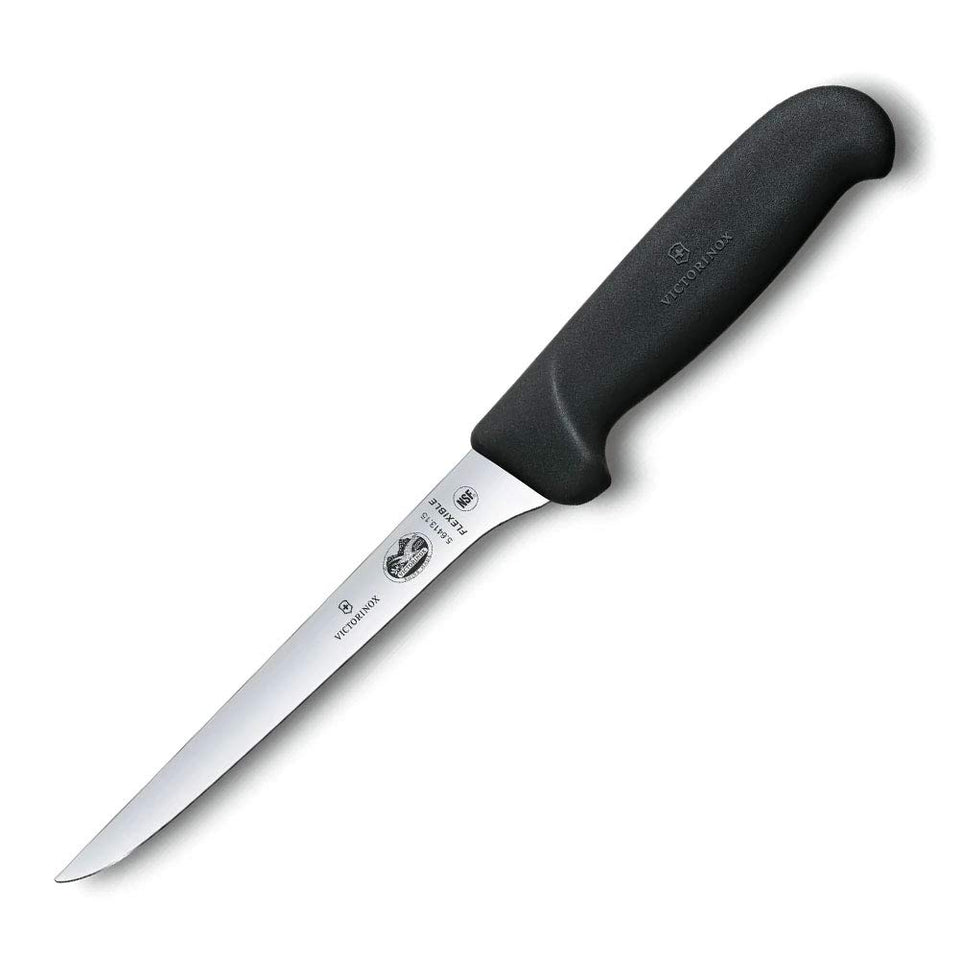 Victorinox Fibrox 6-Inch Boning Knife blade close-up showing a flexible edge for precise deboning.