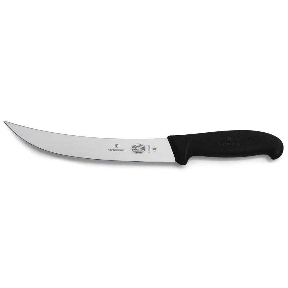 Victorinox Fibrox 8-Inch Curved Breaking Knife blade close-up for precise meat breakdown.