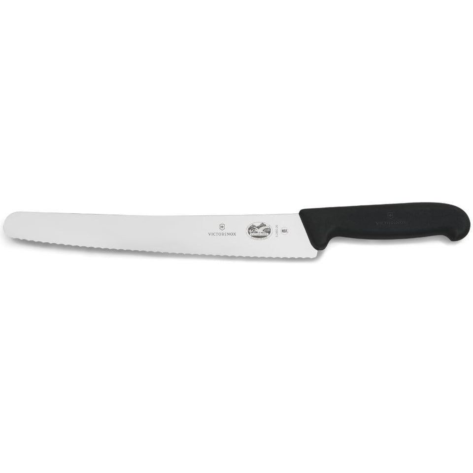 Victorinox Fibrox bread knife 26cm blade close-up with sharp serrations for clean crusts.