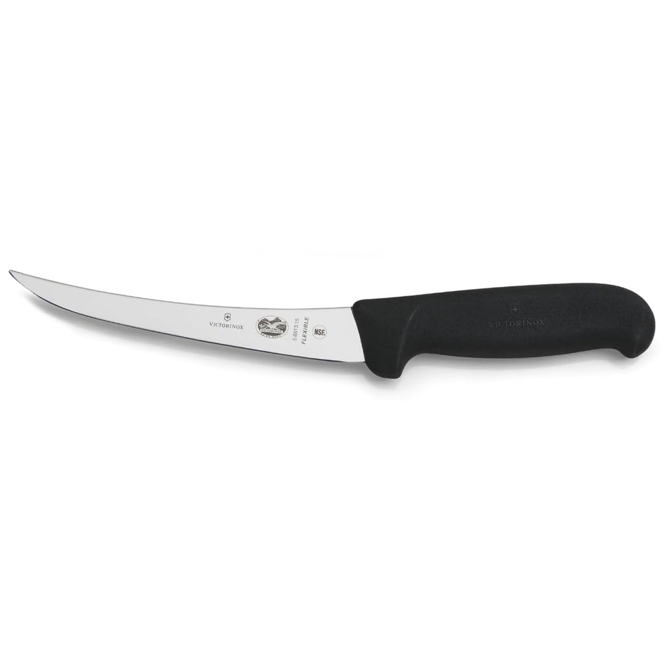 Victorinox Fibrox curved boning knife blade close-up for precise trimming near bones