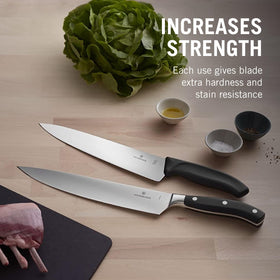 Victorinox Fibrox honing steel in use in a home kitchen for routine edge touch-ups