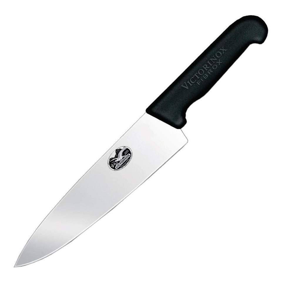 Victorinox Fibrox Pro 8in chef knife blade closeup highlighting sharp high-carbon stainless edge
