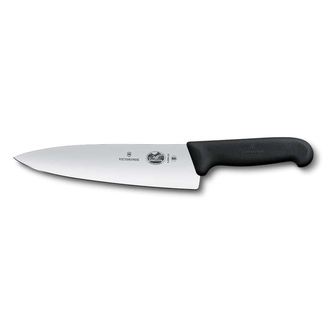 Victorinox Fibrox Pro knife blade close-up showing sharp stainless steel for precise slicing.