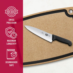 Victorinox Fibrox Pro knife on cutting board, ready for prep.