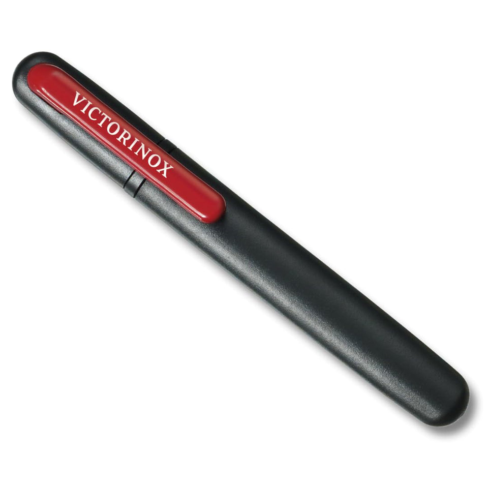 Victorinox pocket knife sharpener showing ceramic notch for precise edge refinement on the go.