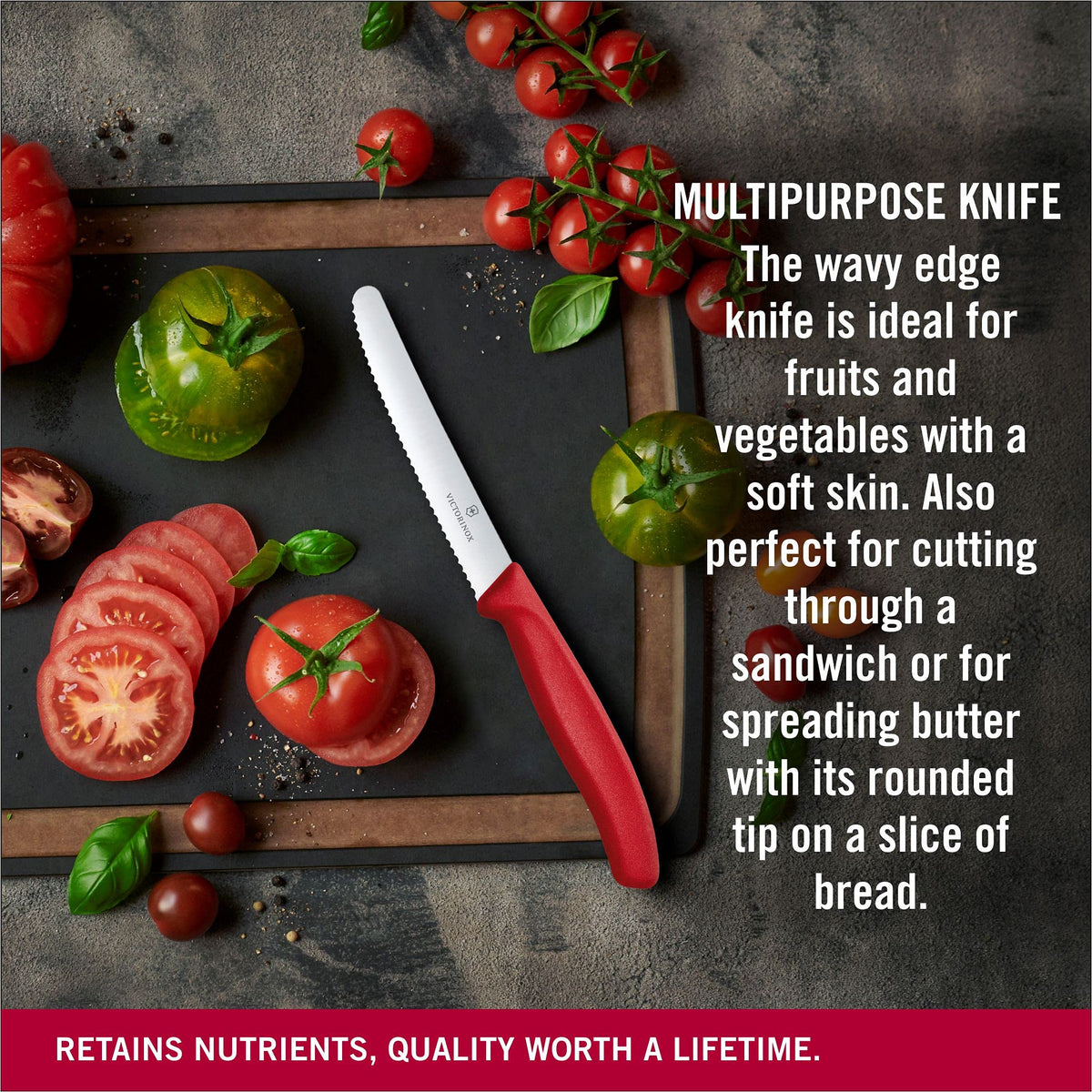 Victorinox serrated-edge kitchen knife for smooth fruit and veggie prep.