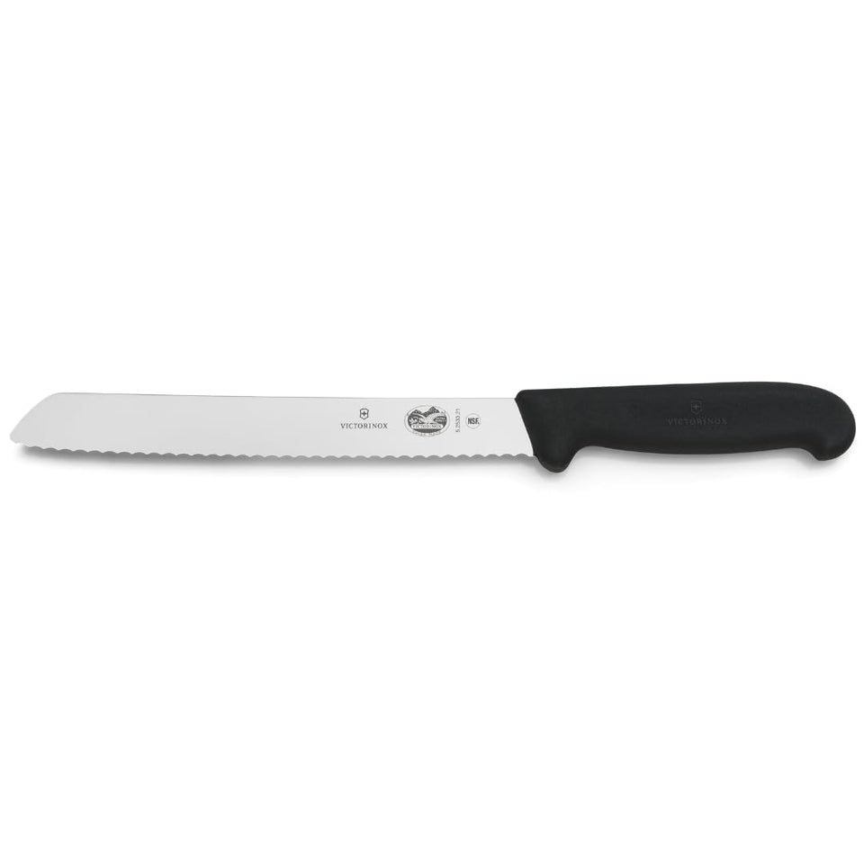 Victorinox Swiss Army 8-inch serrated bread knife with Fibrox handle enables precise, crumb-free bread slices.