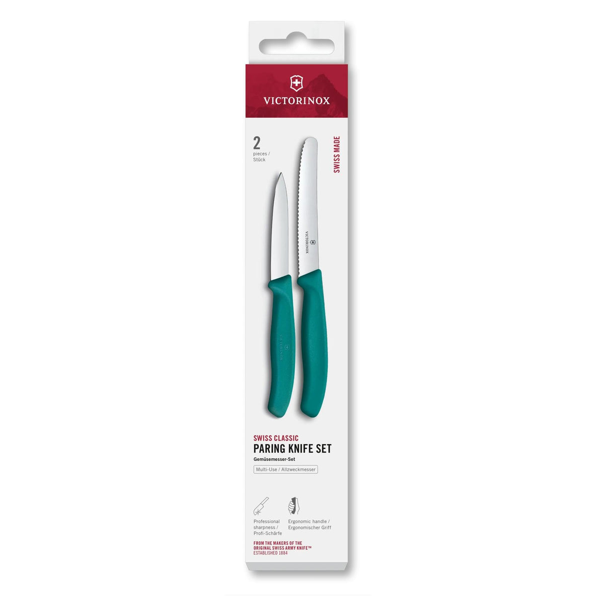 Victorinox Swiss Classic 2-piece paring knives with green handles for precise peeling.
