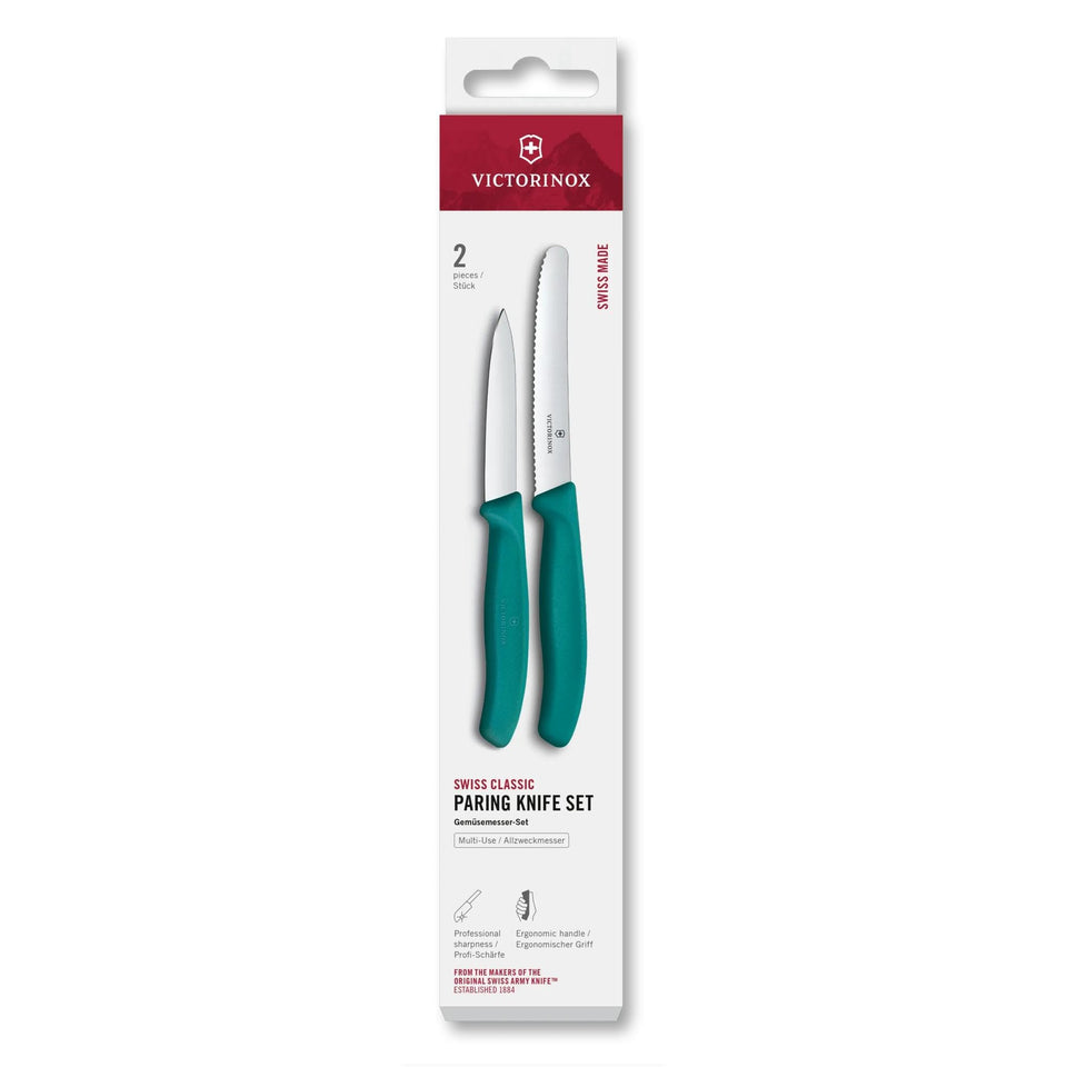 Victorinox Swiss Classic 2-piece paring knives with green handles for precise peeling.
