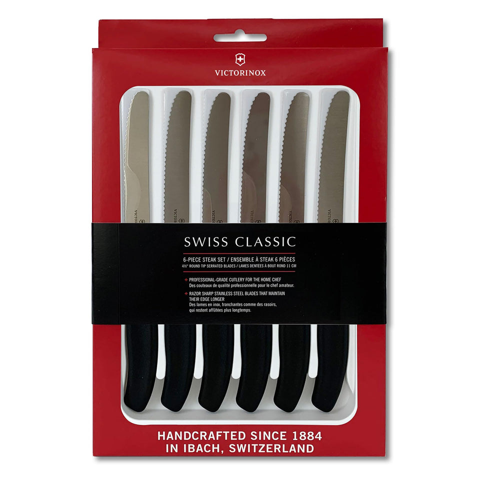 Victorinox Swiss Classic 6-piece steak knife set shown for precise, even slicing at the table.