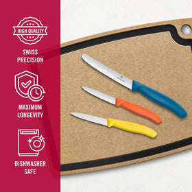 Victorinox Swiss Classic paring knife with orange handle for quick identification.