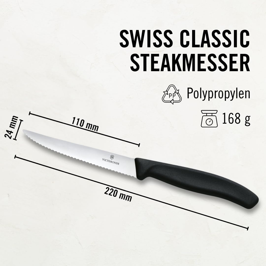 Knife slicing a steak with precise cut from Victorinox Swiss Classic.